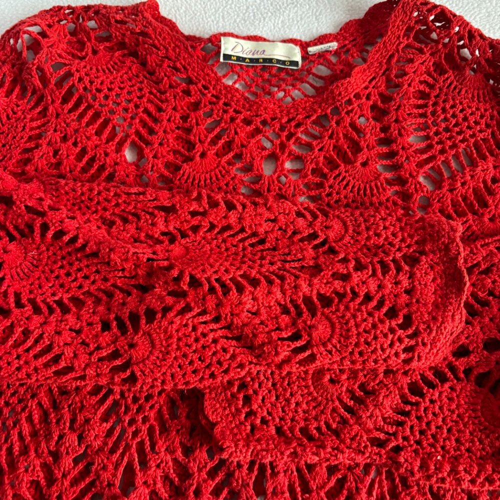 Red Open Work Knit Pullover Sweater - image 7